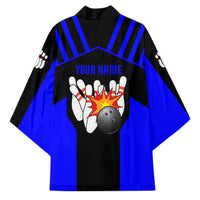 Custom Blue and Black Bowling Kimono with Exploding Strike Design Pin Graphics - Wonder Print Shop