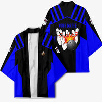Custom Blue and Black Bowling Kimono with Exploding Strike Design Pin Graphics - Wonder Print Shop