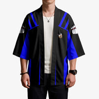 Custom Blue and Black Bowling Kimono with Exploding Strike Design Pin Graphics - Wonder Print Shop