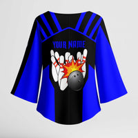 Custom Blue and Black Bowling Kimono Sleeve Blouse with Exploding Strike Design Pin Graphics - Wonder Print Shop