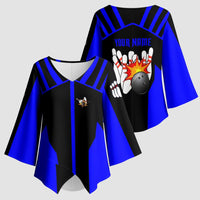 Custom Blue and Black Bowling Kimono Sleeve Blouse with Exploding Strike Design Pin Graphics - Wonder Print Shop
