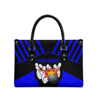 Custom Blue and Black Bowling Leather Bag with Exploding Strike Design Pin Graphics - Wonder Print Shop