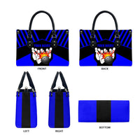 Custom Blue and Black Bowling Leather Bag with Exploding Strike Design Pin Graphics - Wonder Print Shop