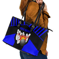 Custom Blue and Black Bowling Leather Tote Bag with Exploding Strike Design Pin Graphics - Wonder Print Shop