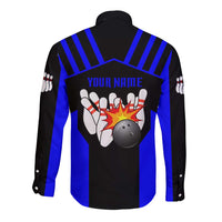 Custom Blue and Black Bowling Long Sleeve Button Shirt with Exploding Strike Design Pin Graphics - Wonder Print Shop