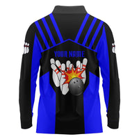Custom Blue and Black Bowling Long Sleeve Polo Shirt with Exploding Strike Design Pin Graphics - Wonder Print Shop