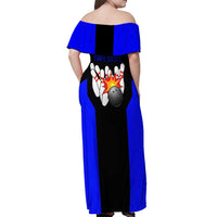 Custom Blue and Black Bowling Off Shoulder Maxi Dress with Exploding Strike Design Pin Graphics - Wonder Print Shop