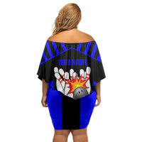 Custom Blue and Black Bowling Off Shoulder Short Dress with Exploding Strike Design Pin Graphics - Wonder Print Shop