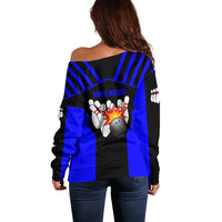 Custom Blue and Black Bowling Off Shoulder Sweater with Exploding Strike Design Pin Graphics - undefined