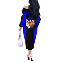 Custom Blue and Black Bowling Off The Shoulder Long Sleeve Dress with Exploding Strike Design Pin Graphics - Wonder Print Shop