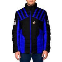 Custom Blue and Black Bowling Padded Jacket with Exploding Strike Design Pin Graphics - Wonder Print Shop