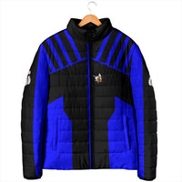 Custom Blue and Black Bowling Padded Jacket with Exploding Strike Design Pin Graphics - Wonder Print Shop