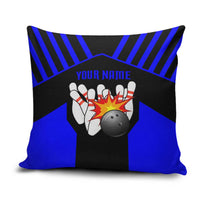 Custom Blue and Black Bowling Pillow Cover with Exploding Strike Design Pin Graphics - Wonder Print Shop