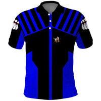 Custom Blue and Black Bowling Polo Shirt with Exploding Strike Design Pin Graphics - Wonder Print Shop