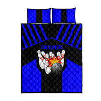 Custom Blue and Black Bowling Quilt Bed Set with Exploding Strike Design Pin Graphics - Wonder Print Shop
