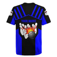 Custom Blue and Black Bowling Rugby Jersey with Exploding Strike Design Pin Graphics - Wonder Print Shop