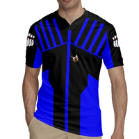 Custom Blue and Black Bowling Rugby Jersey with Exploding Strike Design Pin Graphics - Wonder Print Shop