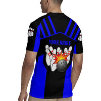 Custom Blue and Black Bowling Rugby Jersey with Exploding Strike Design Pin Graphics - Wonder Print Shop