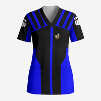 Custom Blue and Black Bowling Scrub Top with Exploding Strike Design Pin Graphics - Wonder Print Shop