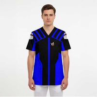 Custom Blue and Black Bowling Scrub Top with Exploding Strike Design Pin Graphics - Wonder Print Shop