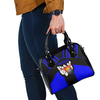 Custom Blue and Black Bowling Shoulder Handbag with Exploding Strike Design Pin Graphics - Wonder Print Shop