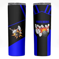 Custom Blue and Black Bowling Skinny Tumbler with Exploding Strike Design Pin Graphics - Wonder Print Shop