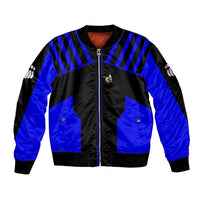 Custom Blue and Black Bowling Sleeve Zip Bomber Jacket with Exploding Strike Design Pin Graphics - Wonder Print Shop