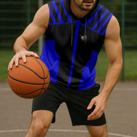 Custom Blue and Black Bowling Sleeveless Hoodie with Exploding Strike Design Pin Graphics - Wonder Print Shop