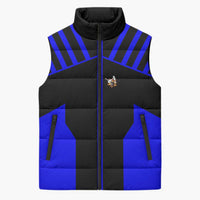 Custom Blue and Black Bowling Sleeveless Puffer Jacket with Exploding Strike Design Pin Graphics - Wonder Print Shop