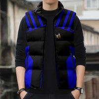 Custom Blue and Black Bowling Sleeveless Puffer Jacket with Exploding Strike Design Pin Graphics - Wonder Print Shop