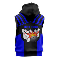 Custom Blue and Black Bowling Sleeveless Zip Hoodie with Exploding Strike Design Pin Graphics - Wonder Print Shop