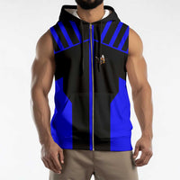 Custom Blue and Black Bowling Sleeveless Zip Hoodie with Exploding Strike Design Pin Graphics - Wonder Print Shop