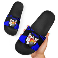 Custom Blue and Black Bowling Slide Sandals with Exploding Strike Design Pin Graphics - Wonder Print Shop
