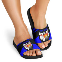 Custom Blue and Black Bowling Slide Sandals with Exploding Strike Design Pin Graphics - Wonder Print Shop