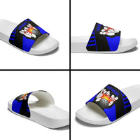 Custom Blue and Black Bowling Slide Sandals with Exploding Strike Design Pin Graphics - Wonder Print Shop