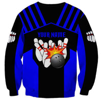 Custom Blue and Black Bowling Sweatshirt with Exploding Strike Design Pin Graphics - Wonder Print Shop