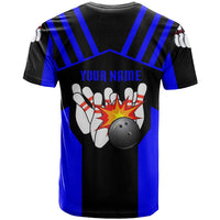 Custom Blue and Black Bowling T Shirt with Exploding Strike Design Pin Graphics - Wonder Print Shop