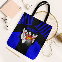 Custom Blue and Black Bowling Tote Bag with Exploding Strike Design Pin Graphics - Wonder Print Shop