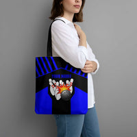 Custom Blue and Black Bowling Tote Bag with Exploding Strike Design Pin Graphics - Wonder Print Shop