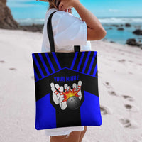 Custom Blue and Black Bowling Tote Bag with Exploding Strike Design Pin Graphics - Wonder Print Shop