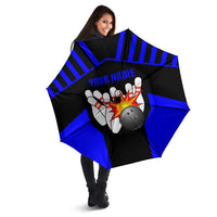 Custom Blue and Black Bowling Umbrella with Exploding Strike Design Pin Graphics - Wonder Print Shop