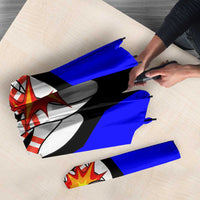 Custom Blue and Black Bowling Umbrella with Exploding Strike Design Pin Graphics - Wonder Print Shop