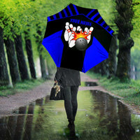 Custom Blue and Black Bowling Umbrella with Exploding Strike Design Pin Graphics - Wonder Print Shop