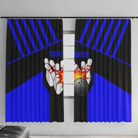 Custom Blue and Black Bowling Window Curtain with Exploding Strike Design Pin Graphics - Wonder Print Shop