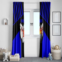 Custom Blue and Black Bowling Window Curtain with Exploding Strike Design Pin Graphics - Wonder Print Shop