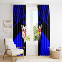 Custom Blue and Black Bowling Window Curtain with Exploding Strike Design Pin Graphics - Wonder Print Shop