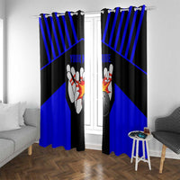 Custom Blue and Black Bowling Window Curtain with Exploding Strike Design Pin Graphics - Wonder Print Shop
