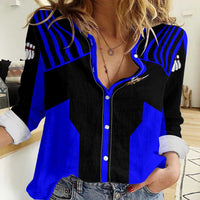 Custom Blue and Black Bowling Women Casual Shirt with Exploding Strike Design Pin Graphics - Wonder Print Shop