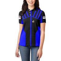 Custom Blue and Black Bowling Women Polo Shirt with Exploding Strike Design Pin Graphics - Wonder Print Shop