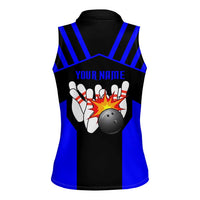 Custom Blue and Black Bowling Women Sleeveless Polo Shirt with Exploding Strike Design Pin Graphics - Wonder Print Shop